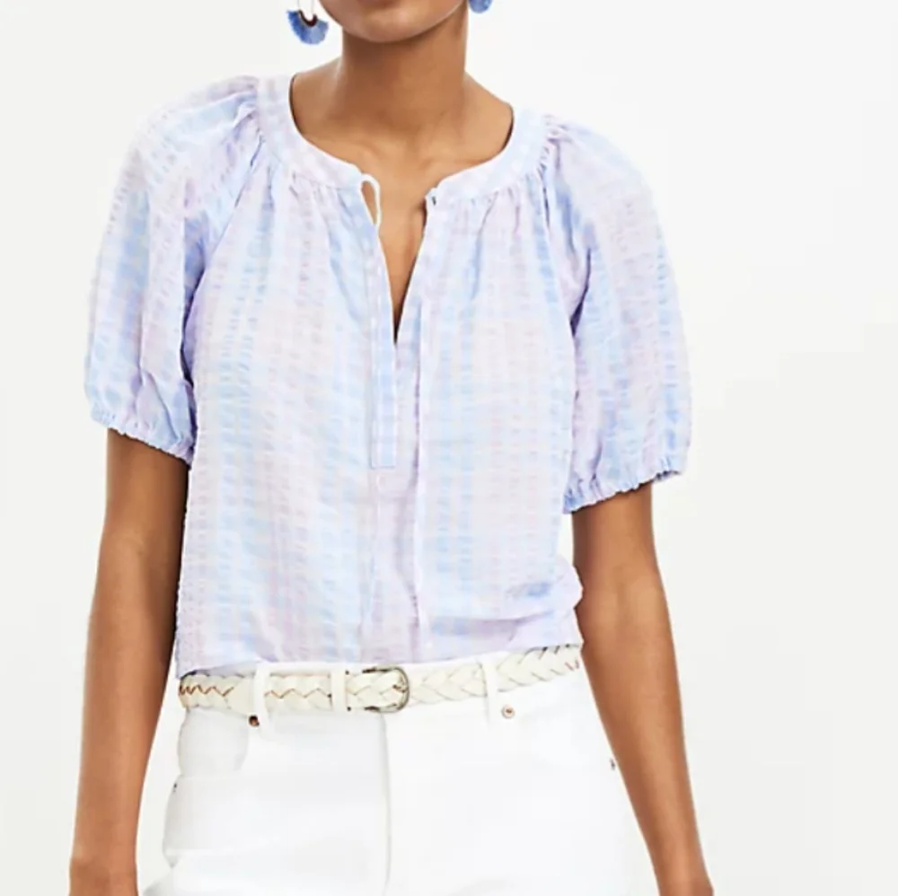 Loft Striped Tie Neck Puff Sleeve Blouse